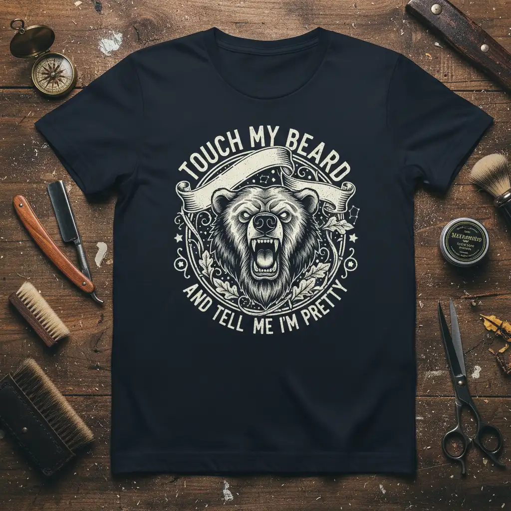 Touch My Beard And Tell Me I'm Pretty quote with roaring bear illustration on a navy blue t-shirt