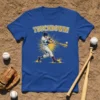 Blue t-shirt with "Touchdown!" text above a baseball player swinging a bat, yellow sunburst graphic