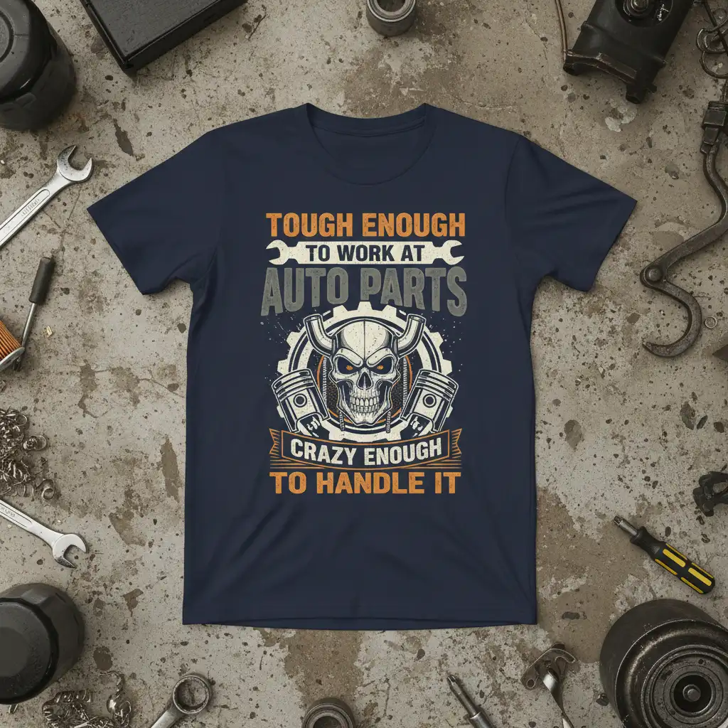 Tough Enough To Work At Auto Parts Crazy Enough To Handle It quote with skull and piston graphic on a navy blue