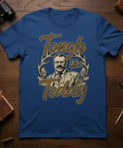 Tough like Teddy t-shirt design featuring Theodore Roosevelt portrait, antlers, and oak leaves