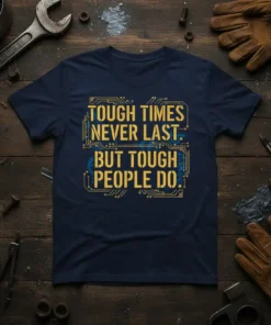 Tough Times Never Last. But Tough People Do. motivational quote t-shirt design with yellow text on navy blue shirt