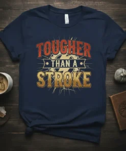 Tougher Than A Stroke quote on a navy blue t-shirt with soccer ball graphic and distressed texture