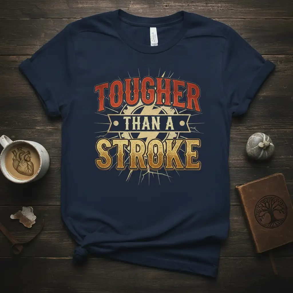 Tougher Than A Stroke quote design with soccer ball graphic on a navy blue t-shirt