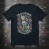 Tow a Quiprem Aestiagachets skeleton cat design with Day of the Dead flowers on a black t-shirt