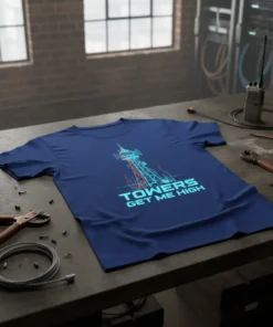 T-Shirt with "Towers Get Me High" text and a graphic of a communication tower, navy blue color