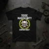 Black t-shirt with "Toxic Masculinity Served Daily" text and a skull biohazard symbol graphic