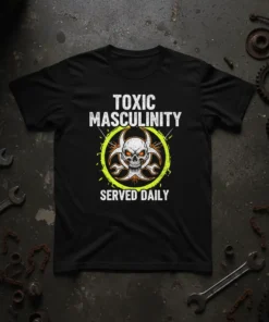 Black t-shirt with "Toxic Masculinity Served Daily" text and a skull biohazard symbol graphic