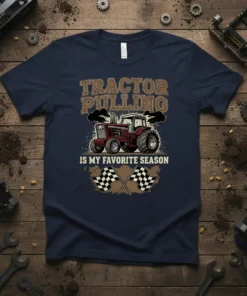 Tractor pulling is my favorite season quote with a vintage tractor and checkered flags graphic on a navy t-shirt