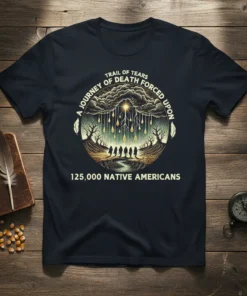T-shirt design with "Trail of Tears A Journey of Death Forced Upon 125,000 Native Americans" text and a circular graphic