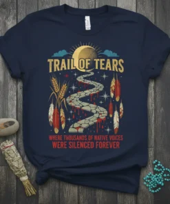 Navy t-shirt featuring a graphic of a stone path with blood splatters, representing the TRAIL OF TEARS WHERE THOUSANDS OF