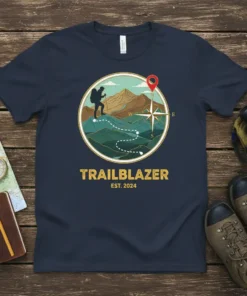 Trailblazer Est 2024 t-shirt with a circular graphic of a hiker, mountains, and a compass, navy blue color