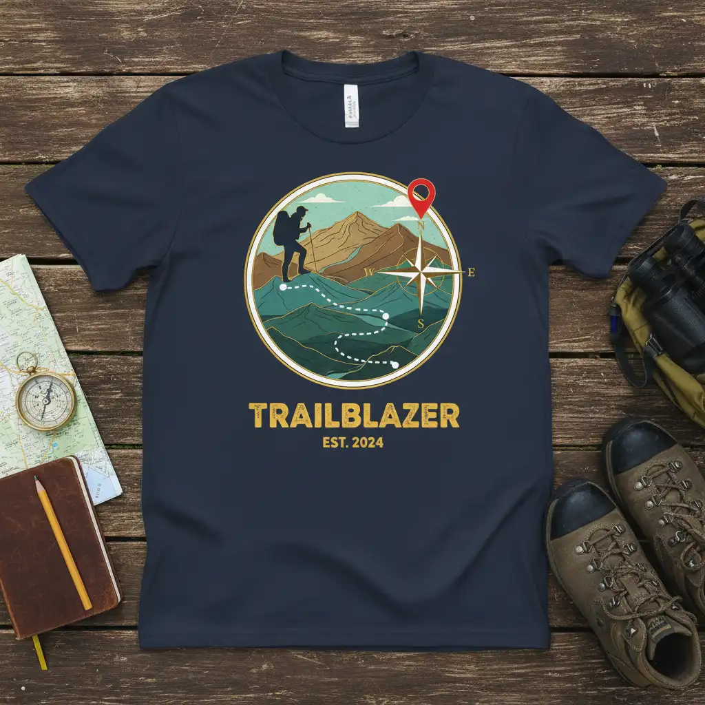 Trailblazer Est 2024 text with mountain hiking graphic and compass on navy blue shirt