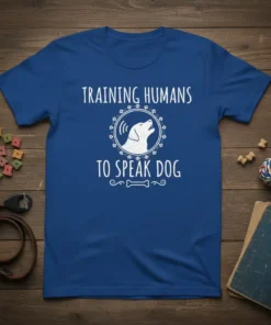 Training Humans To Speak Dog funny t-shirt with illustration of a dog barking within a paw print circle