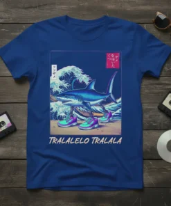 Tralalelo Tralala text above a shark wearing sneakers in front of a Japanese-style wave graphic