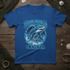Tralalero Tralala graphic t-shirt showing a shark wearing running shoes with water splashes around it