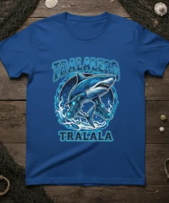Tralalero Tralala graphic t-shirt showing a shark wearing running shoes with water splashes around it
