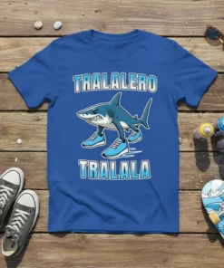 Tralalero Tralala text with a cartoon shark wearing running shoes on a blue t-shirt
