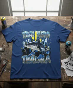Tralalero Tralala text above a shark wearing sneakers with a city skyline graphic on a blue t-shirt