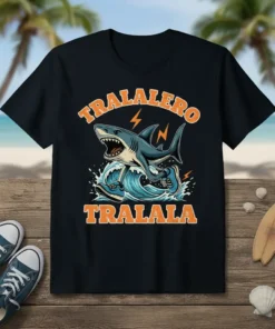 Tralalero Tralala text above a cartoon shark surfing a wave, wearing sneakers, on a black t-shirt