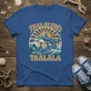 Tralalero Tralala text above a muscular shark surfing on waves, wearing sneakers, with a sunburst background