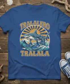 Tralalero Tralala text above a muscular shark surfing on waves, wearing sneakers, with a sunburst background