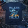 Tralalero Tralala text above and below a robotic shark with robotic legs and blue shoes, surrounded by orange flames