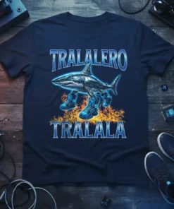Tralalero Tralala text above and below a robotic shark with robotic legs and blue shoes, surrounded by orange flames