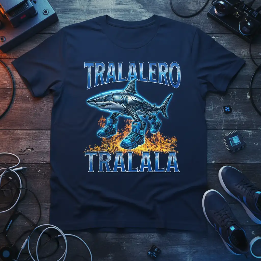 Tralalero Tralala text with robotic shark design and flame graphic on a navy t-shirt