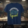 Transportation Squad t-shirt design with a blue school bus graphic and yellow "Squad" text