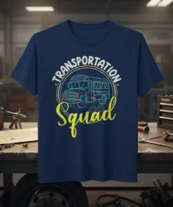 Transportation Squad t-shirt design with a blue school bus graphic and yellow "Squad" text