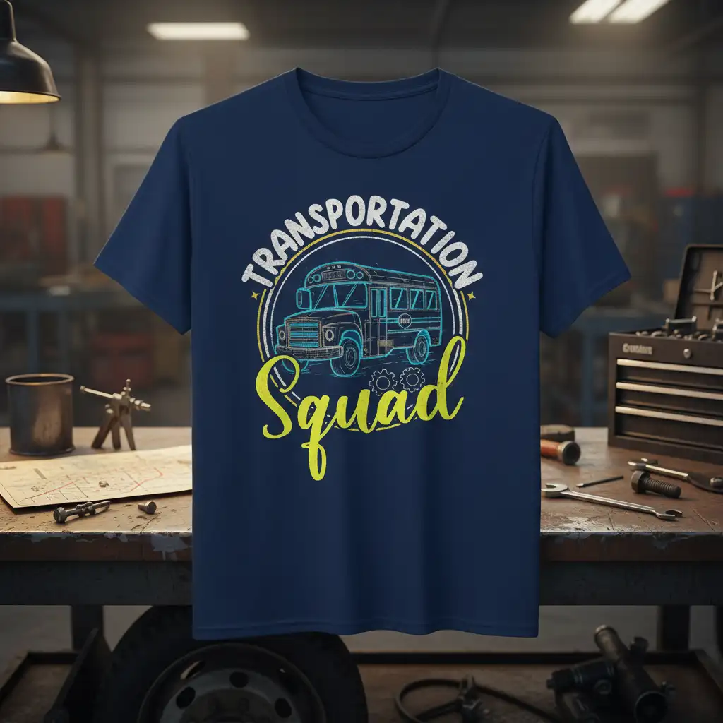 Transportation Squad school bus graphic tee with bold lettering, perfect for bus drivers