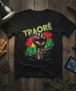 Traoré fist and Burkina Faso flag design on a black t-shirt, symbolizing heritage and resistance