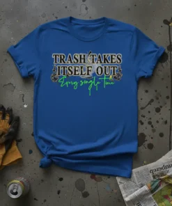 Blue t-shirt with bold white and black text reading "TRASH TAKES ITSELF OUT" and green script text "Every single time"