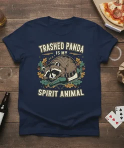 Trashed PANDA IS MY SPIRIT ANIMAL t-shirt featuring a sleeping raccoon on a bottle