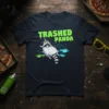 Trashed Panda t-shirt design with a raccoon wearing a party hat surrounded by bottles and splashes of color