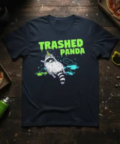 Trashed Panda t-shirt design with a raccoon wearing a party hat surrounded by bottles and splashes of color