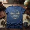 I'm a Travel Agent quote on a blue t-shirt, featuring golden text and travel icons like planes and landmarks