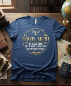 I'm a Travel Agent quote on a blue t-shirt, featuring golden text and travel icons like planes and landmarks