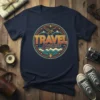 Vintage TRAVEL EXPLORE t-shirt design with an eagle, mountains, and waves in a circular graphic