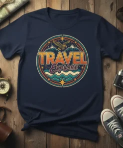Vintage TRAVEL EXPLORE t-shirt design with an eagle, mountains, and waves in a circular graphic