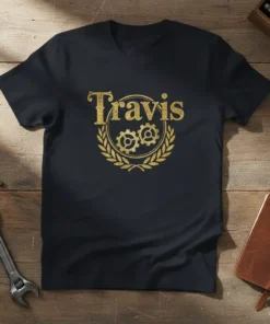 Black t-shirt with gold glitter "Travis" text and gear emblem. Personalized name design