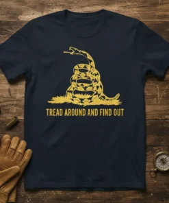 Tread Around and Find Out t-shirt with a coiled snake graphic and patriotic slogan