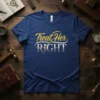 Navy blue t-shirt with "Treat Her RIGHT" text in gold and silver glitter font