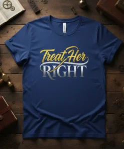 Navy blue t-shirt with "Treat Her RIGHT" text in gold and silver glitter font
