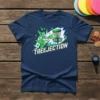 Navy blue t-shirt with "TREEJECTION" text and disc golf basket graphic, featuring a disc in flight and green/white abstract explosion