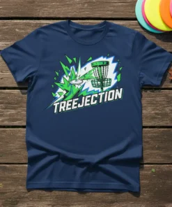 Navy blue t-shirt with "TREEJECTION" text and disc golf basket graphic, featuring a disc in flight and green/white abstract explosion