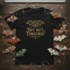 Tret Baty Christmas t-shirt with gold ornate bat and text in vintage font, surrounded by bat-shaped cookies