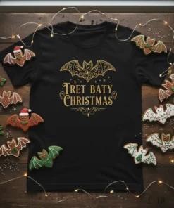 Tret Baty Christmas t-shirt with gold ornate bat and text in vintage font, surrounded by bat-shaped cookies