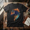 Tribal horse head design with blue eyes, orange, blue, and purple colors on a black t-shirt