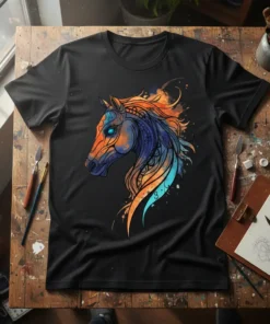 Tribal horse head design with blue eyes, orange, blue, and purple colors on a black t-shirt